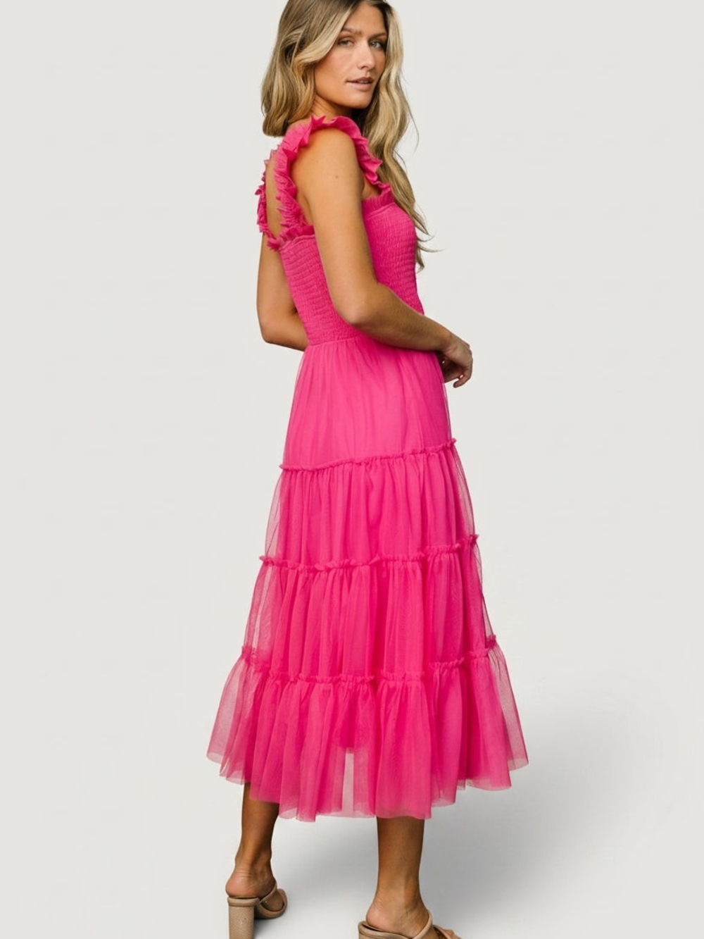 Baltic Born Hot Pink Smocked Tulle Midi Dress Romantic Formal Gown Sz LG - Picture 3 of 14